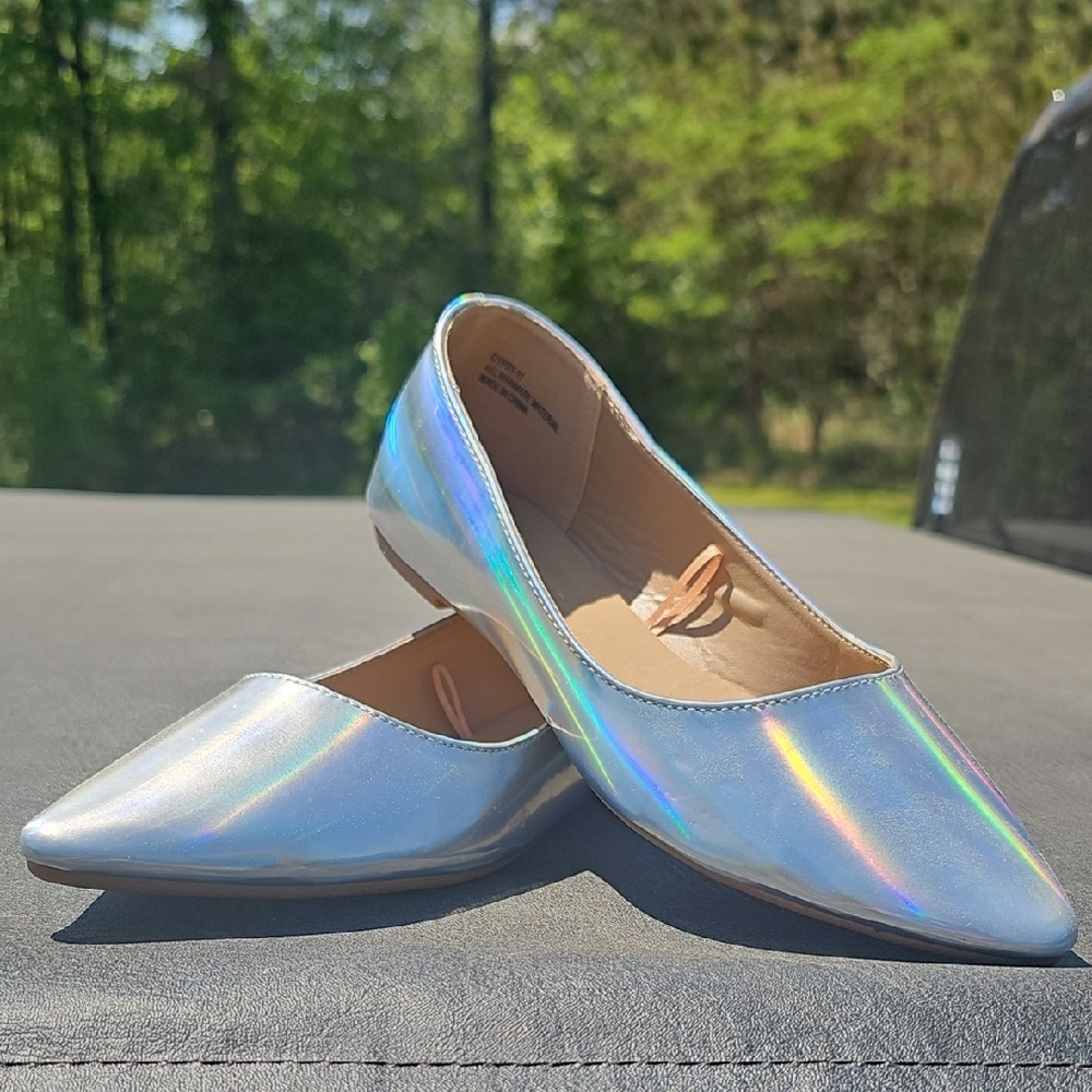 Silver Iridescent Flats with Pointed Toe and Glossy Finish
